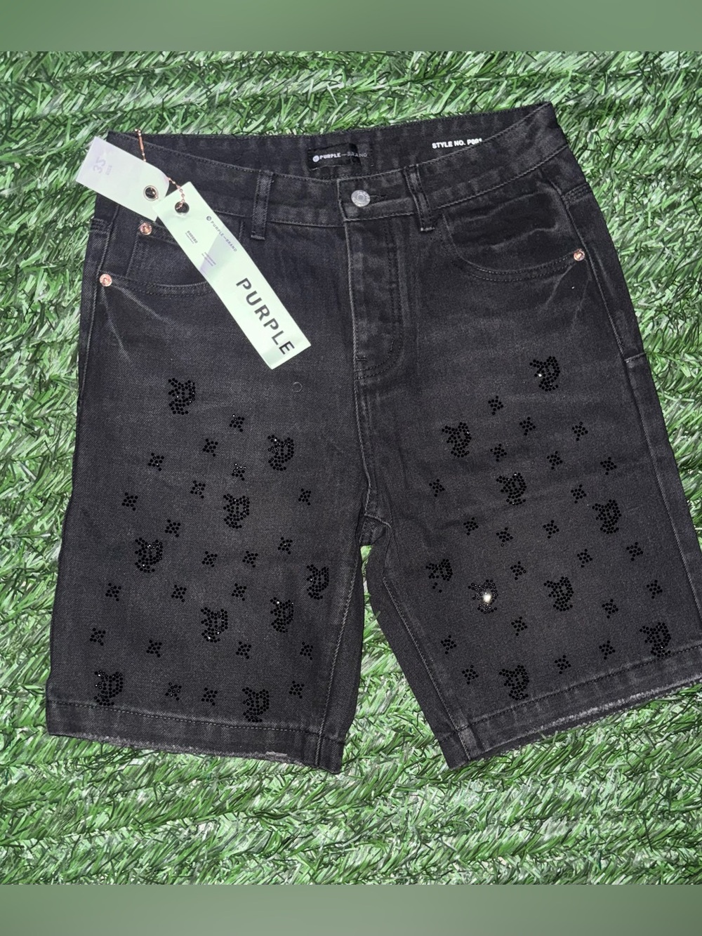 Purple Men's Black Embellished Denim Shorts